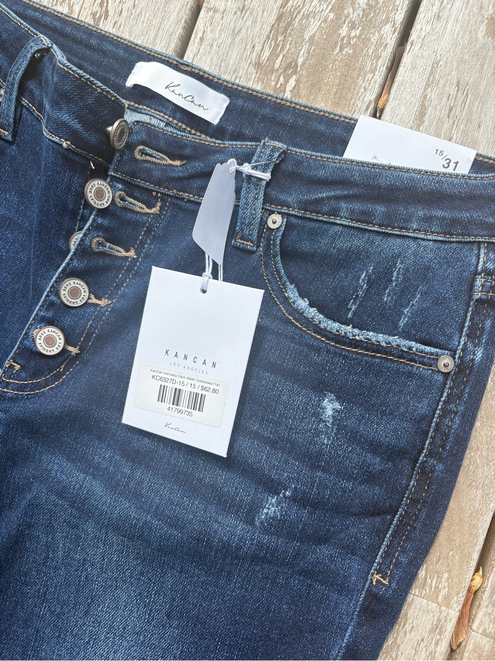 KanCan Dark Blue High-Rise Distressed Button-Fly Jeans